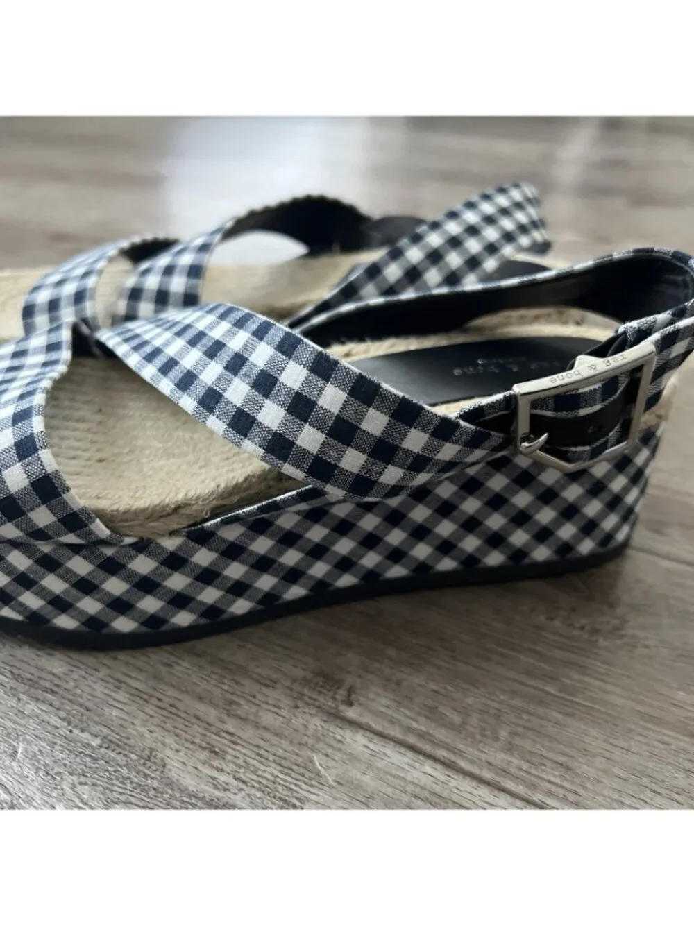 Rag‎ & Bone Megan Gingham Canvas Platform Sandal Navy White Womens 7 EU 37 New